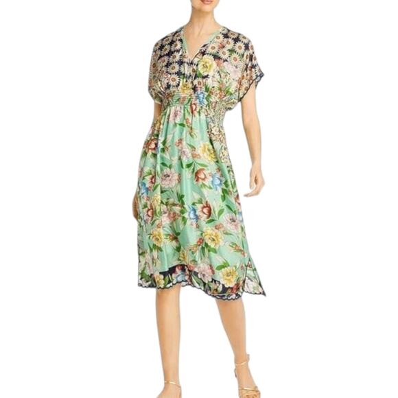 Johnny Was Floral Silk Midi Dress with Smocked Waist - Picture 1 of 10